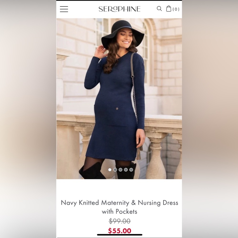 Navy Knitted Maternity & Nursing Dress with Pockets